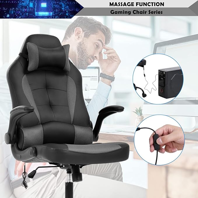 Massage Gaming Chair for Adults PC Silla Gamer Cheap Game Ergonomic Desk with Headrest Lumbar Support High Back Video Chairs Kids Ages 8-12 Grey 1
