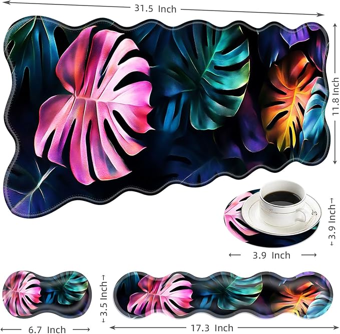 Large Mouse Pad and Keyboard Wrist Rest Desk Pad for Keyboard and Mouse 4-in-1 Large Gaming Mouse Pad with Wrist Support Desk Mat for Home Office Study Game-Colorful Tropical Leaf