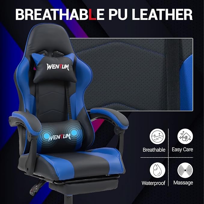 Gaming Chair with Footrest for Adults - PU Leather Video Game Chair w/Massage Lumbar Support for Men Women Ernogomic Computer Gamer Chair for Home Office Height Adjustable Blue