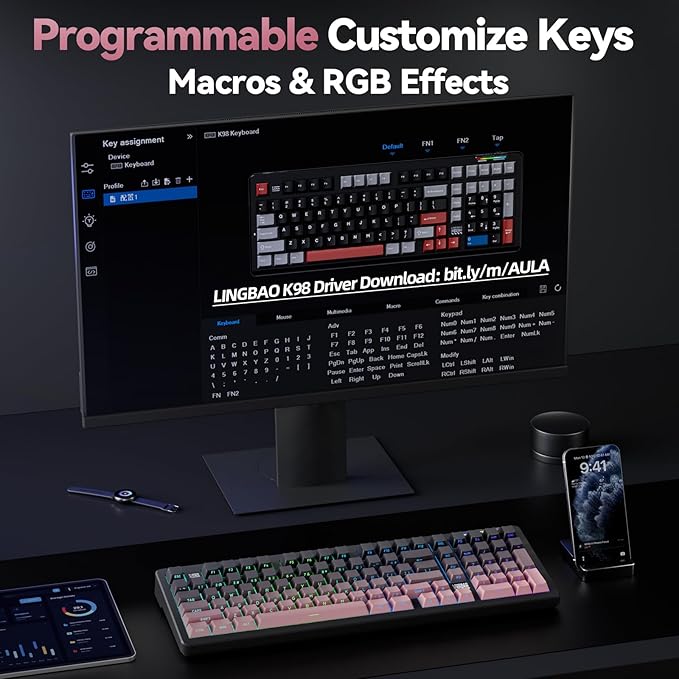 LINGBAO K98 - 96% Wireless Mechanical Keyboard Tri-Mode BT5.0/2.4GHz/USB-C Creamy Keyboard with Number Pad Gasket Hot Swappable Linear Switches RGB Backlit Gaming Keyboards for Win/Mac/PC (Pink)