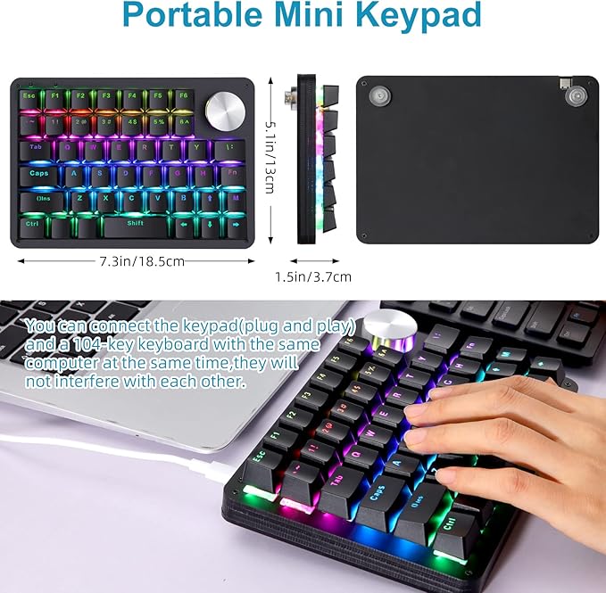 Koolertron One Handed Mechanical Gaming Keyboard 45-Key Fully Programmable Mini Keypad Mini USB Macro Keyboard with Rotating Knob RGB Backlit Red Switches for Windows PC Gamers