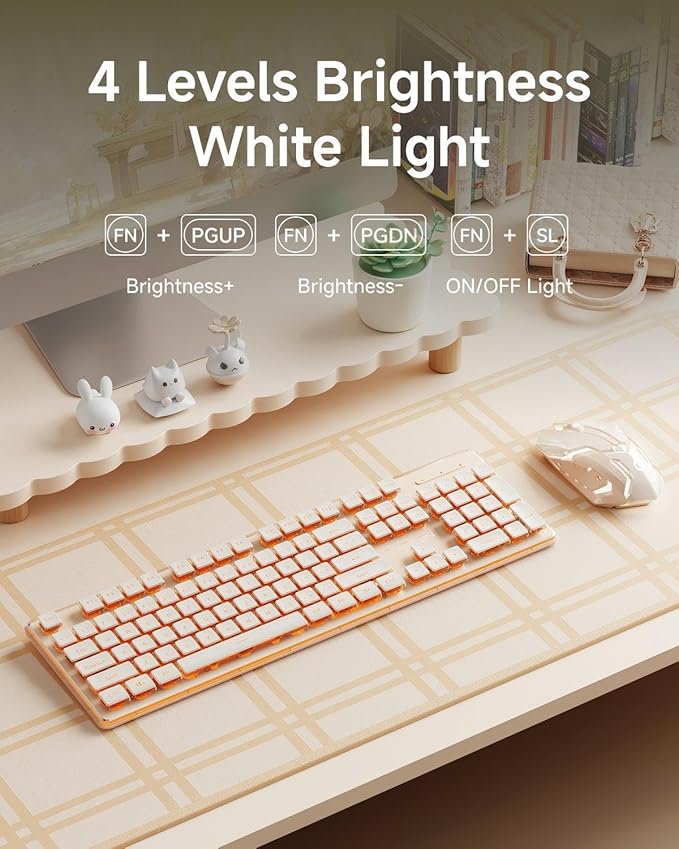 EWEADN V3 Wireless Keyboard and Mouse with Single Backlit Metal Panel Bluetooth/2.4G Rechargeable Computer Keyboard and Mouse Combo Silent Lighted Full Size Cute Keyboards-Rose Gold