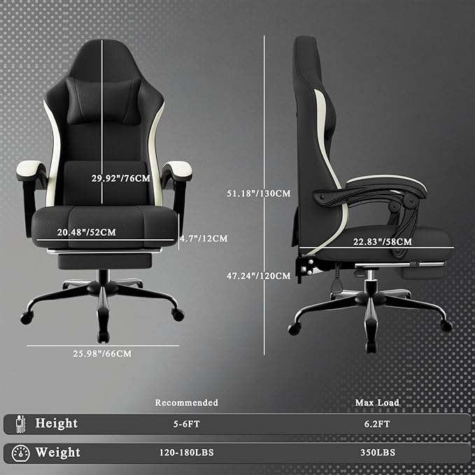 Gaming Chair High Back Fabric Computer Chair with Pocketed Spring Cushion and Footrest Height Adjustable Game Chair with Headrest and Lumbar Support (Beige &amp Black)