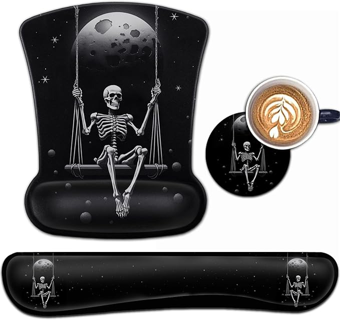 Keyboard Wrist Rest and Mouse Pad Wrist Support Set Ergonomic Gel Mouse Pad Wrist Rest with Non-Slip Base for Home Office Desk Pad Funy Skeleton Skeleton Planet Pattern Black Gaming Mouse Mat