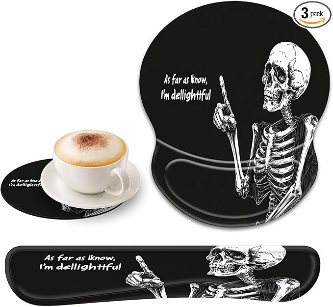 Ergonomic Gel Mouse Wrist Rest Pad and Keyboard Pad SetAnti-Slip PU Bottom Easy Typing and Relieve Wrist Pain with Cute Coaster Set (3-Black Background Skull Skeleton)