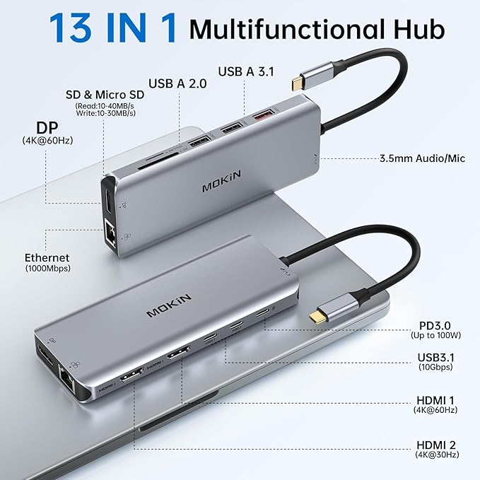 USB C Laptop Docking Station Dual Monitor Dual HDMI 4K DP Triple Display Hub 13 in 1 MOKiN USB C Hub with 3 Monitors DisplayPort USB 3.1 RJ45 100W PD Card Reader Audio/Mic for Dell HP Lenovo