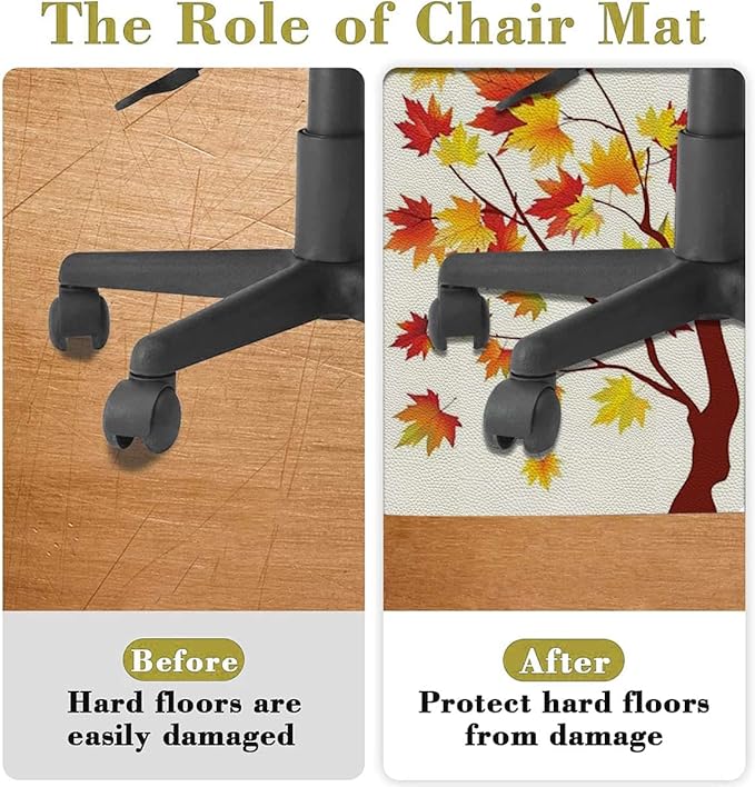 Orange White PU Leather Office Chair Mat for Hardwood and Tile Floor Watercolors Fall Autumn Tree Branches Heavy Duty Floor Mats for Computer Desk Easy Glide for Chairs Fall Image Diameter 39.4 in