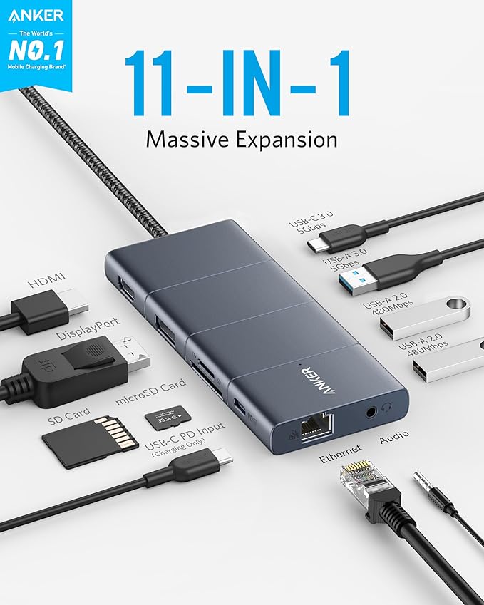 Anker USB C Hub 11-in-1 Docking Station with 4K@60Hz HDMI and DP 85W Power Delivery USB-C&amp3 USB-A Data Ports 1 Gbps Ethernet 3.5mm Audio microSD and SD Card Reader
