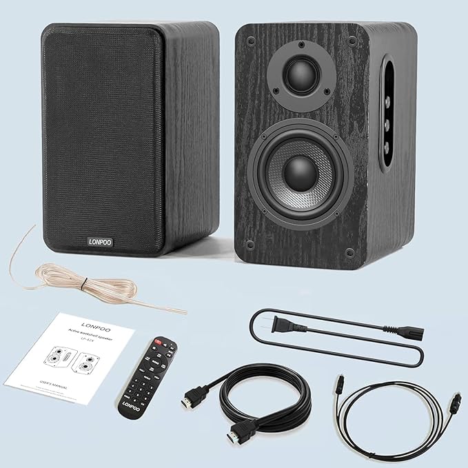LONPOO Powered Bookshelf Speakers - Wireless 100W RMS Bluetooth with eARC - Powerful Home Music System - Home Theater Systems Studio Monitors