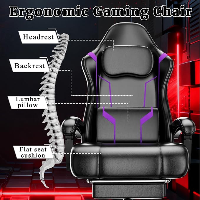 Gaming Chair with Pocket Spring Cushion and Footrest Ergonomic Computer Chair for Adults Breathable PU Leather Game Chair Adjustable Headrest and Lumbar Support Office Desk Chair