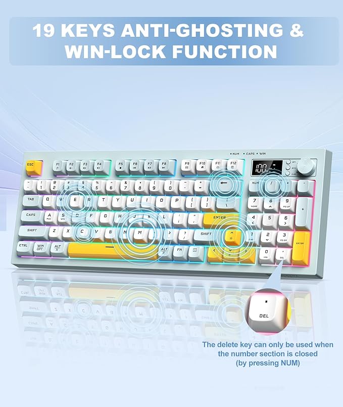 Wireless Keyboard Creamy Membrane with Rainbow Backlight3-Mode Connectivity (BT/2.4G/USB-C) with LCD Screen &amp Multifunction Knob200H Battery 94 Key PBT Keycaps Quiet Typing for Office/Home/Gam