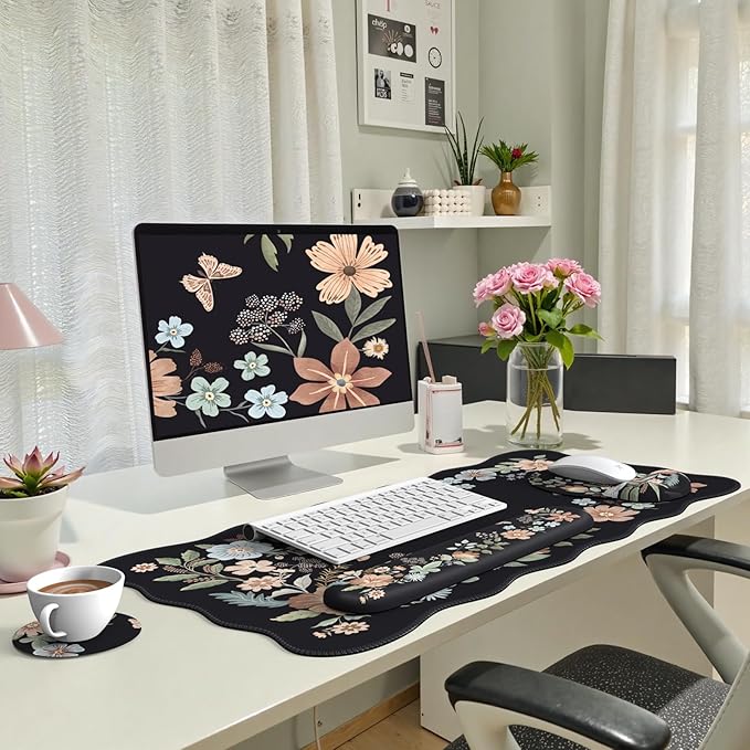 iLeadon Floral Mouse Pad Sets Desk Matt for Desktop Mouse Pad with Wrist Support Extra Large Desk Size Mouse Mat+Cup Coaster with Non-Slip Base for Women Home Office (Black)