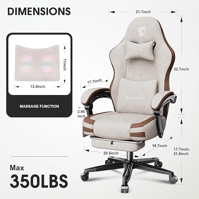 Gaming Chair Fabric Computer Office Chair with Massage Ergonomic Chair with Footrest Lumbar Support Pocket Spring Widened Cushion Metal Legs 350LBS Beige