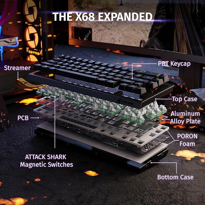 ATTACK SHARK X68 HE Rapid Trigger Mechanical Gaming Keyboard 60% Wired TKL with Adjustable ActuationHall Effect Magnetic Switch8KHz Polling RateRGB BacklitTop Mount for PC Mac Esport Gamer(Black)