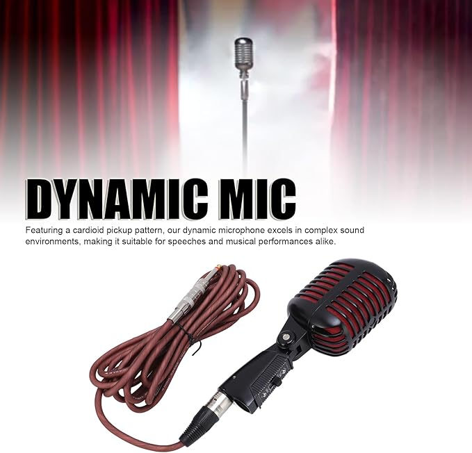 Dynamic Microphone Cardioid Pickup Vintage Retro Style Zinc Alloy Mic with XLR Cable Universal Stand Adapter for Live Stage Performance Studio Recording Karaoke (Black)