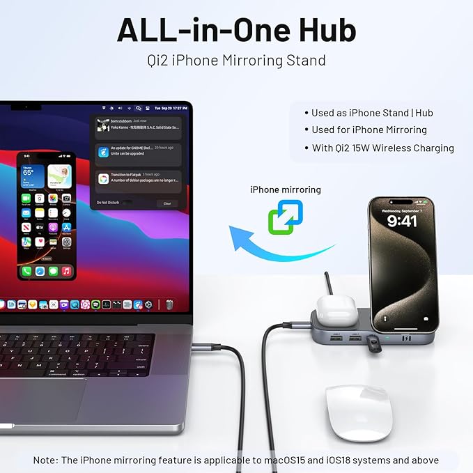 Selore USB C Hub with Wireless Charging for MacBook: 4K@60Hz HDMI 100W PD 15W Qi2 + 5W Wireless 10Gbps Ports iPhone Mirroring Docking Station &amp Magsafe Stand Space-Saving Desk Organizer