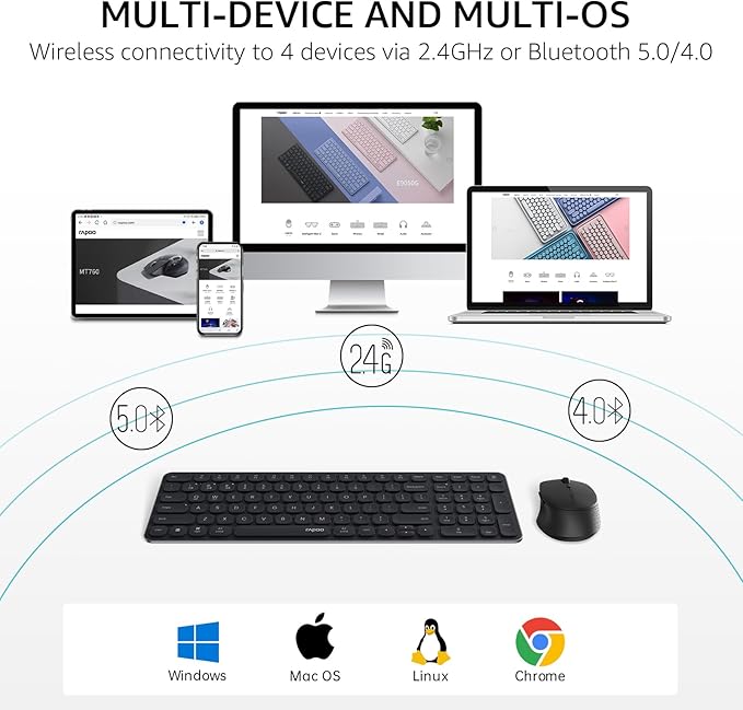 Rapoo Wireless Keyboard and Mouse Combo Blade-Series E9310M 99-Key Ultra-Thin Keyboard and M300G Silent Mouse Support 4 Devices Quiet Compact Battery Powered for Windows/Mac/Linux/Chrome