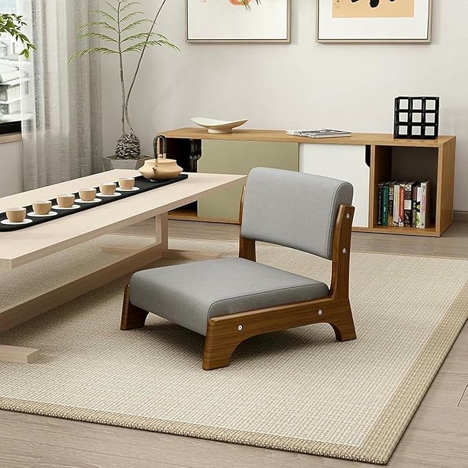 ELEFOCUS Japanese Floor Chair with Back SupportLow-Back Meditation Floor Seat with Soft CushionPortable Timber Armless Tatami Chair(Grey Cotton a)