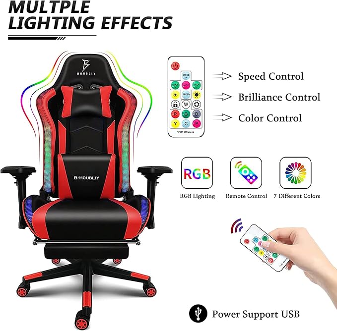 XOOFMASS RGB Gaming Chair with Massage Footrest &amp Dual Speakers Ergonomic Racing Computer Chair with Lumbar Support and Headrest High Back Music Video Chair for Adults Teens and KidsPink
