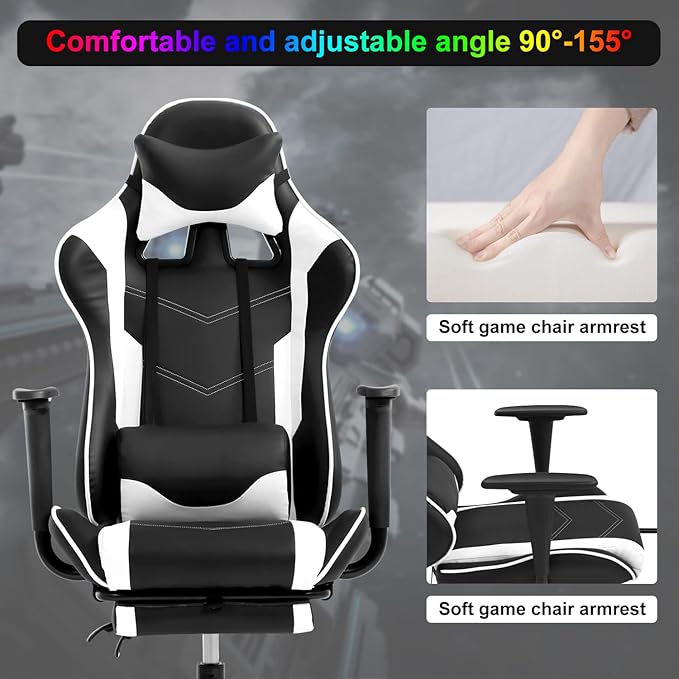 Gaming Chair Computer Chair Ergonomic Gaming Chair with Footrest Reclining High Back Video Game Chair with Lumbar Support Headrest Armrest Swivel Seat for Teen (White)
