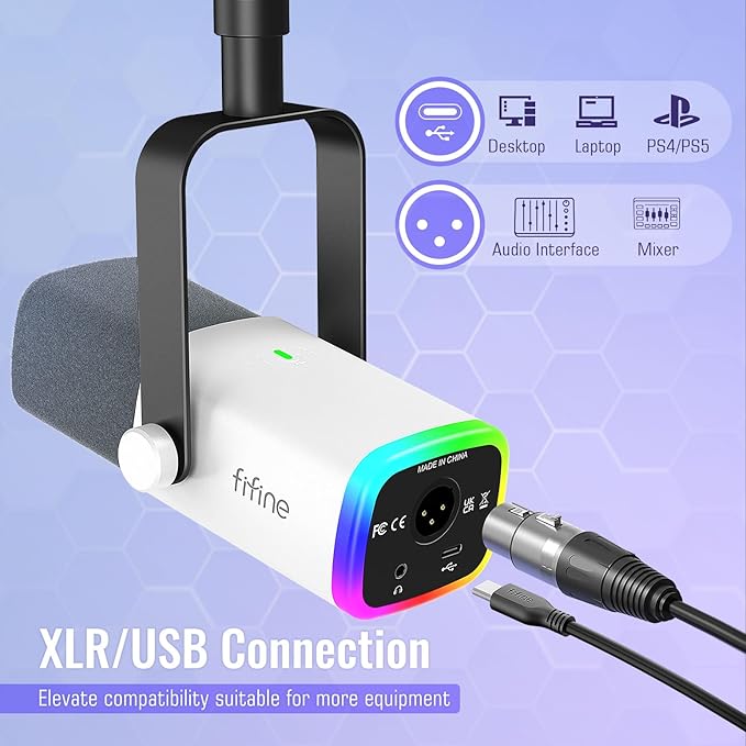FIFINE XLR/USB Gaming Microphone Bundle with Metal Boom Arm Dynamic RGB Mic with Mute Gain Monitoring for Streaming Vocal Recording Podcast Arm Stand for Home Studio Video Creation (AM8W+CS1W)