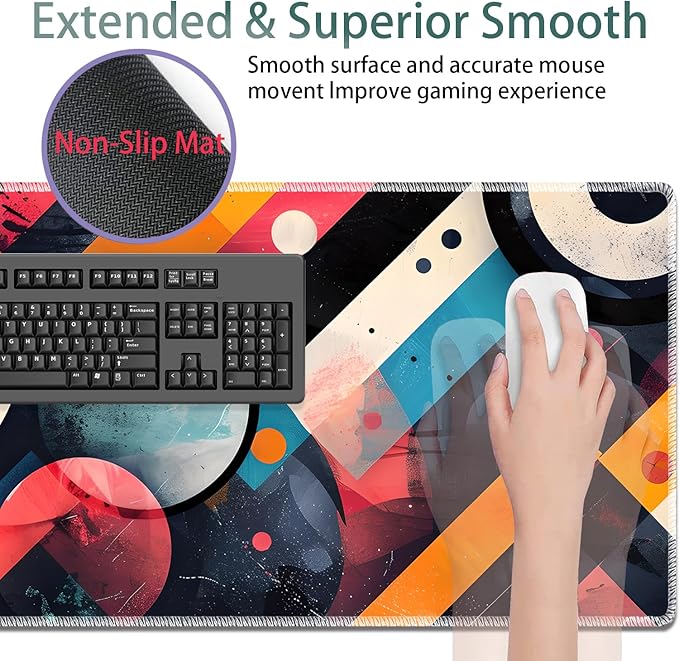Large Gaming Mouse Pad + Keyboard Wrist Rest + Wrist Support + Coaster Set Memory Foam Ergonomic for Easy Typing XXL Extended Gaming Mouse Pad Table Pad - Abstract Geometric Pattern