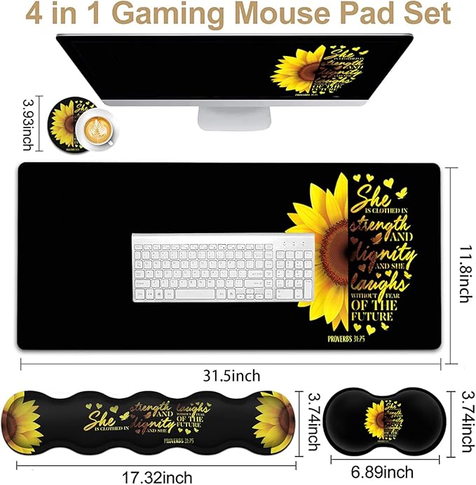 Gaming Black Mouse Pad + Keyboard Wrist Rest XL Large Mouse Mat Sunflower Christian Verse Proverbs 31-25 Extended Desk Pad Non-Slip Rubber Mice Pads Stitched Edges Pad (31.5x11.8 in)
