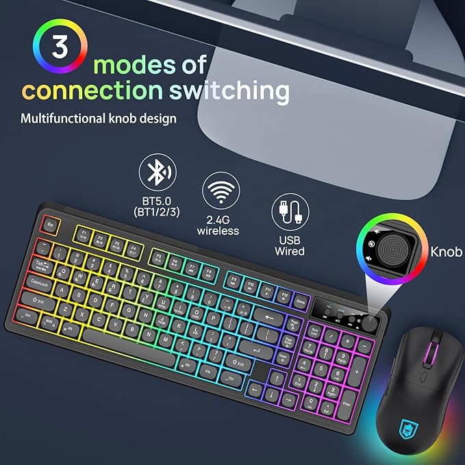 KOLMAX BT98 Wireless Keyboard and Mouse ComboTriple Mode 2.4G/Wired/Bluetooth Gaming Keyboard and MouseRechargeable Ergonomic RGB Backlit Light Up Keyboard Mouse with Knob for PC/Mac/Tablet