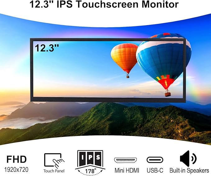 VSDISPLAY 12.3 Inch Touchscreen Monitor 1920x720 IPS Stretched Bar LCD with Dual Speakers for PC Computer Laptop Secondary Display Monitoring