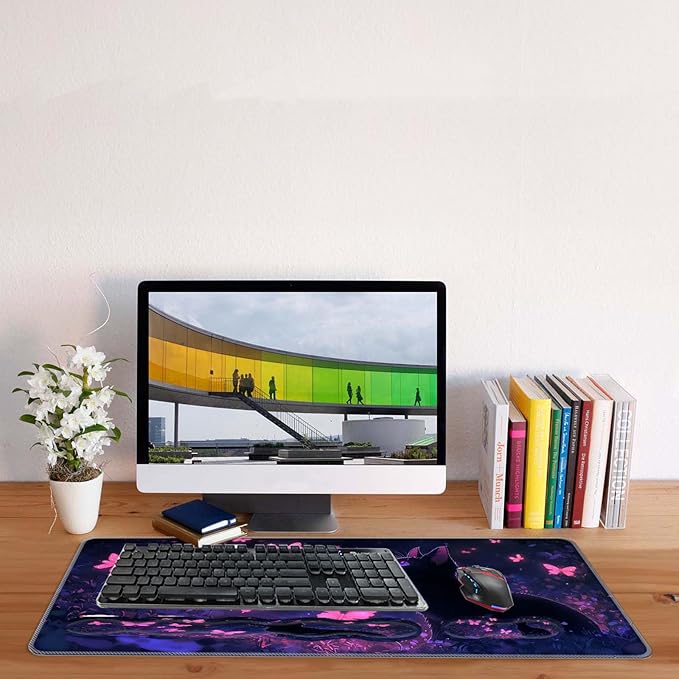 Keyboard Mouse Pad SetLarge Desk Pad+Keyboard Wrist Rest+Mouse Wrist Support+CoasterEasy Typing Pain Relief Non-Slip Wrist Support Mousepad Set Home OfficeCat and Butterflies