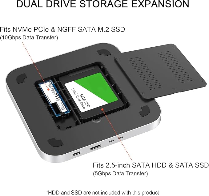 Qwiizlab Dual Drive Enclosure with Docking Station for Mac mini Mac Studio 10Gbps USB-C Hub Card Readers 104MB/s 4K HDMI &amp DP Fits M.2 NVMe/SATA SSD 2.5-inch SATA SSD/HDD (Silver)