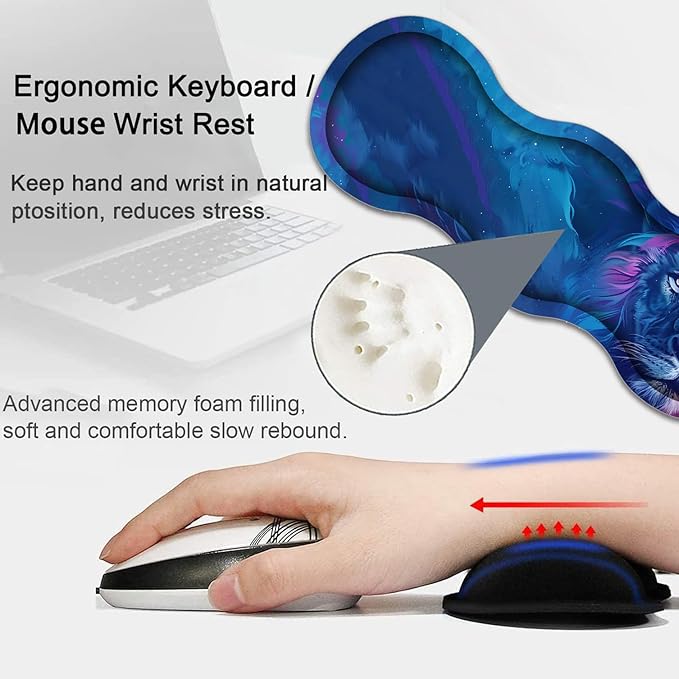 Large Gaming Mouse Pad Keyboard Wrist Rest Pad + Mouse Wrist Pad + Coaster 4 in 1 Set Extended Waterproof Non-Slip Desk Mat Suitable for Office Home Learning Games Blue and Purple Lion