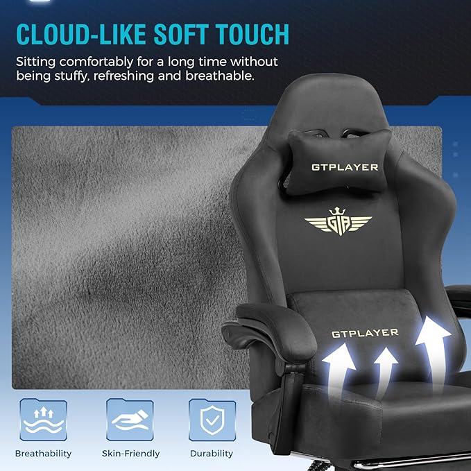 GTPLAYER Gaming Chair Fabric with Pocket Spring Cushion Big and Tall Gamings Chairs 350LBS High Back Computer Chair with Footrest for Adults Lumbar Support Swivel Game Chair for Office Gaming Gray