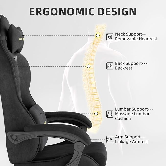 Ferghana Velvet Fabric Gaming Chair Ergonomic Gamer Chair for Adult Comfortable Video Game Chair with Footrest and Massage Lumbar Cushion Racing Reclining Office Home Computer Desk Chair Black