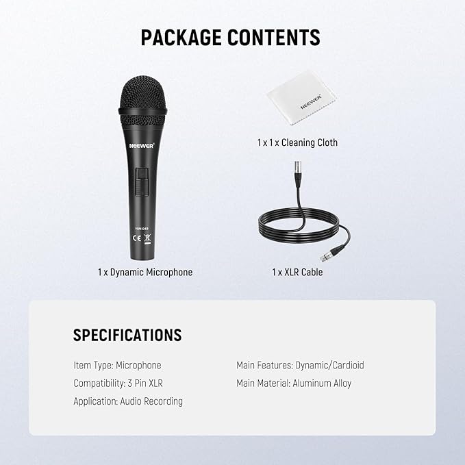 NEEWER NW-040 Cardioid Dynamic Microphone with XLR Cable Rigid Metal Shell Cleaning Cloth Unidirectional Pickup Mic for Musical Instruments Voice Public Speech Podcast Singing PC Gaming Streaming