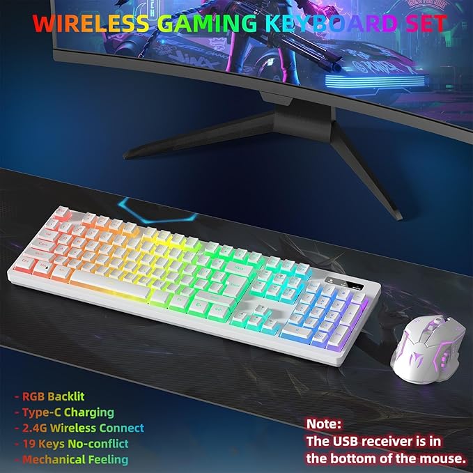 Wireless Gaming Keyboard and Mouse Combo - RGB Backlit Rechargeable Ergonomic for Gaming Work Long-Lasting Built-in Battery (White)