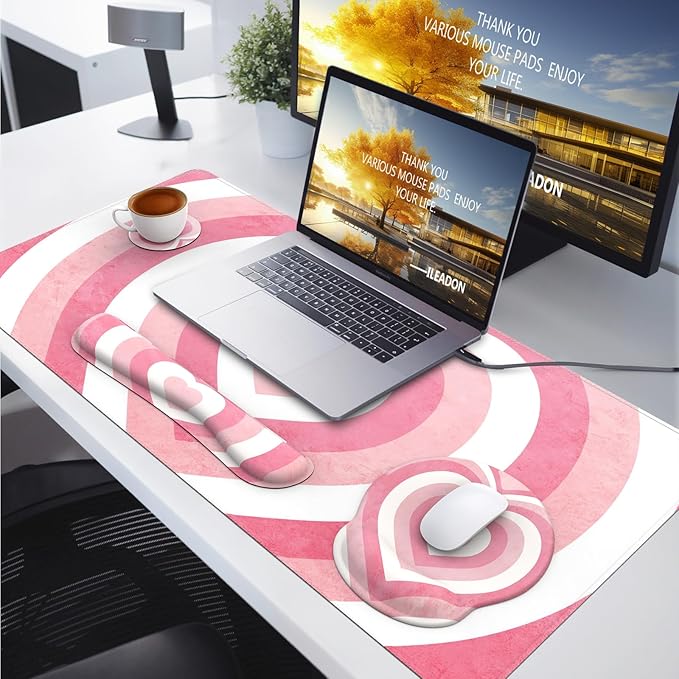 iLeadon Pink Desk Mat Desk Pad + Pink Mouse Pad with Wrist Rest + Keyboard Wrist Rest + Coaster 4in1 Mouse Pad Set Mouse and Keyboard Pad for Home Office Heart Pink