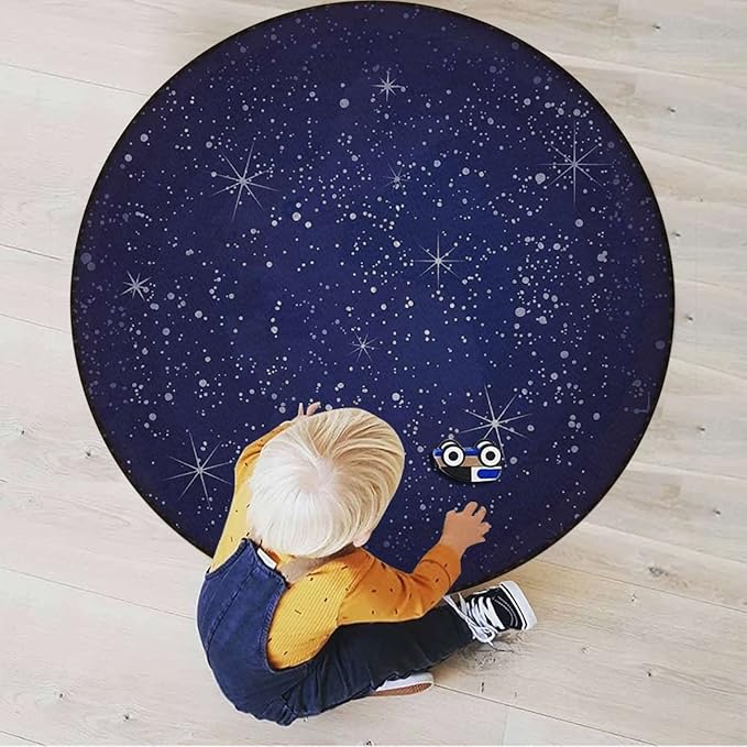 Astrology Round Rug Nursery Rug for Bedroom Playroom Non Slip Educational Playmat Round Circle Carpet Constellation Planets Coordinates of CelestialDark Blue Diameter 39.3 in