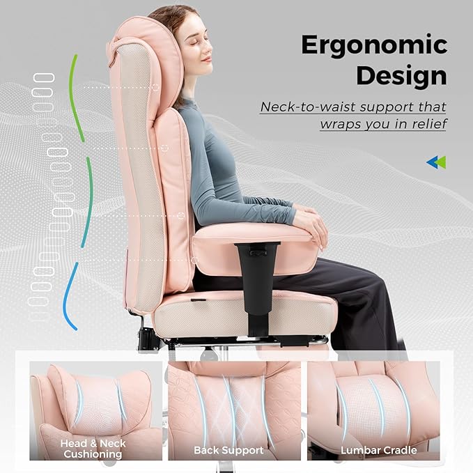 GTPLAYER Big and Tall Office Chair 400LBS Wide Ergonomic Gaming Chair with Deluxe Embossing Designed Leather with Foot Rest150°Reclining Adjustable Soft Armrests Pocket Spring Back Support and Pillow