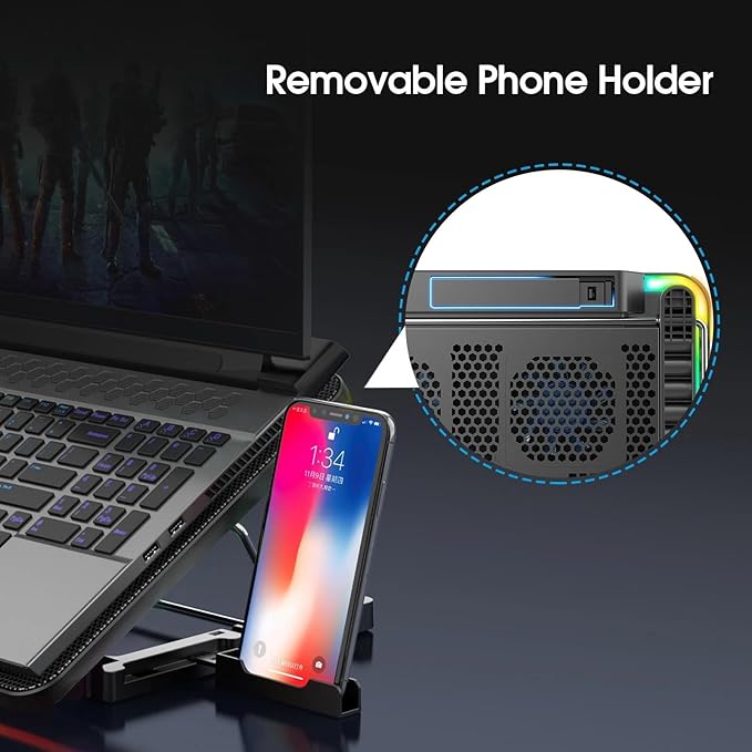 Compatible for 15.6-17.3 Laptop Cooling Pad 6 Quiet Fans 7 Speed/Height Adjustable Built-in Phone Holder