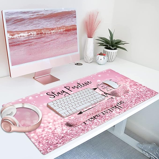Pink Mouse Pad with Wrist Rest Ergonomic Desk Mat with Stitched Edges Non Slip Wrist Support (Stay Positive)