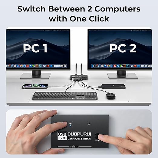 USB 3.0 Switch 2 Computers Sharing USB C &amp A DevicesEasy One-Click Device Switching with USB-C Cable &amp USB-A CableUSB Switch Hub Share Keyboard Mouse Printer Scanner(USB3.0 2in4out)