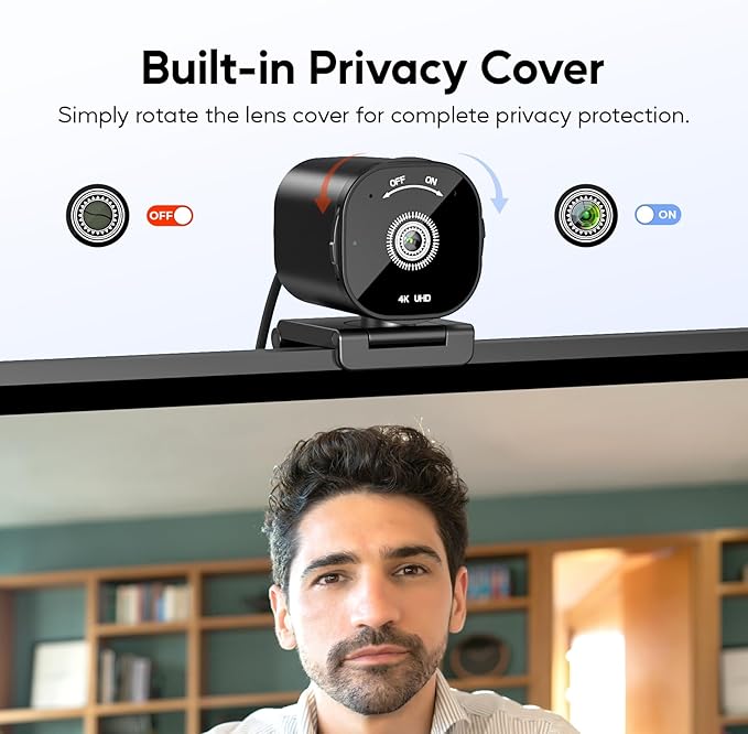 4K Webcam for PC and Laptop - Ultra 4K HD Autofocus Dual Noise-Cancelling Mics Privacy Cover USB Plug &amp Play Wide-Angle Streaming Camera for Zoom Teams Online Classes and Gaming