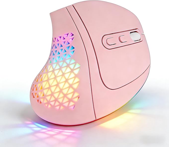 Bluetooth Wireless Dual-Mode Vertical Mouse - Silent Click Ergonomic Comfort for Office &amp Home Use Rechargeable with LED Breathing Light Compatible with Multiple Devices (Pink)