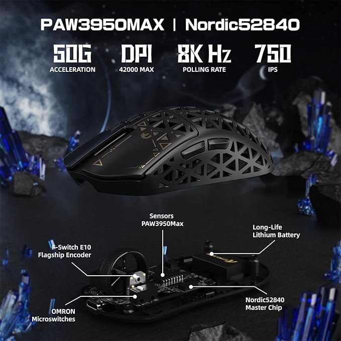 MAMBASNAKE M5 Ultra Carbon Fiber 8KHz Wireless Gaming MousePAW3950MAX Sensor 42K DPI39g Lightweight Tri-Mode 2.4GHz/BT/Wired Computer MiceWeb Driver Supportfor Win/Mac/FPS/MOBA/Esports-Black (A)