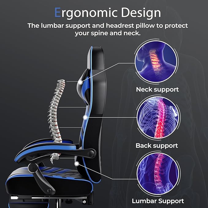 POWERSTONE Gaming Chair Video Game Chair with Footrest and Lumbar Support Racing Style PU Leather Computer Chair Ergonomic Adjustable Swivel Task Chair Blue