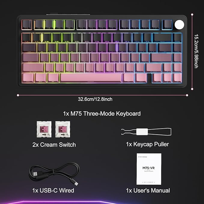 CC MALL M75 Mechanical Keyboard75% Gasket Hot SwappableRGB BacklitSide Printed PBT Keycaps2.4Ghz/Bluetooth/USB-C Gaming Keyboards (Black and Pink)
