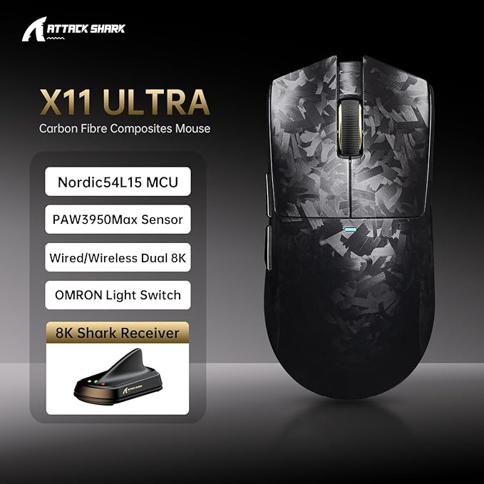 ATTACK SHARK X11 Ultra 8K Carbon Fiber Wireless Gaming Mouse with 42000 DPI-PAW3950 MAX Sensor-59g LightweightNordic 54L15 MCU ChipWired/BT/2.4Ghz100 Million ClicksProgrammable for PC Mac(Black)