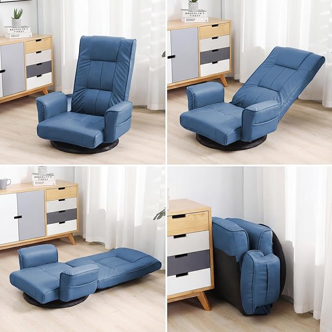 FLOGUOR 360° Swivel Gaming Floor Chair with Armrests – 14-Position Adjustable Folding Floor Sofa Lounger Padded Backrest Multi-Angle Recline for Home Living Room &amp Office (Blue)