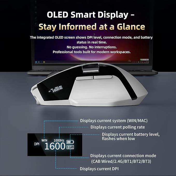 Ergonomic Wireless Mouse with Infinite Scroll &amp Side Scroll PixArt 3220 Sensor Bluetooth &amp 2.4G Rechargeable Office Mouse Multi-Connection OLED Display 700mAh Battery for Laptop PC Mac